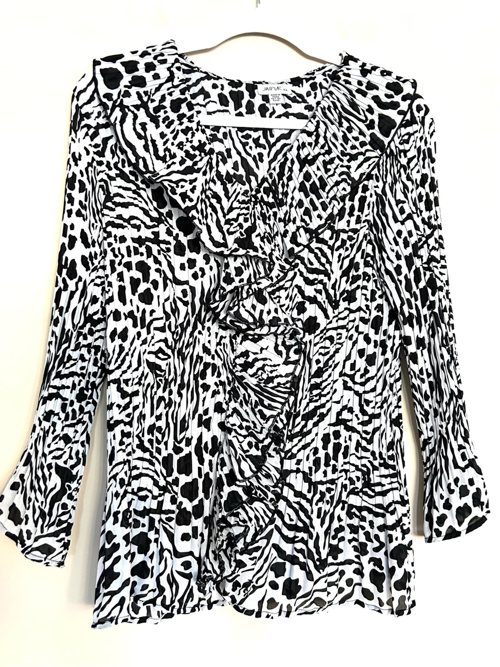 Jaipur Women’s Black & White Animal Print Ruffle Blouse